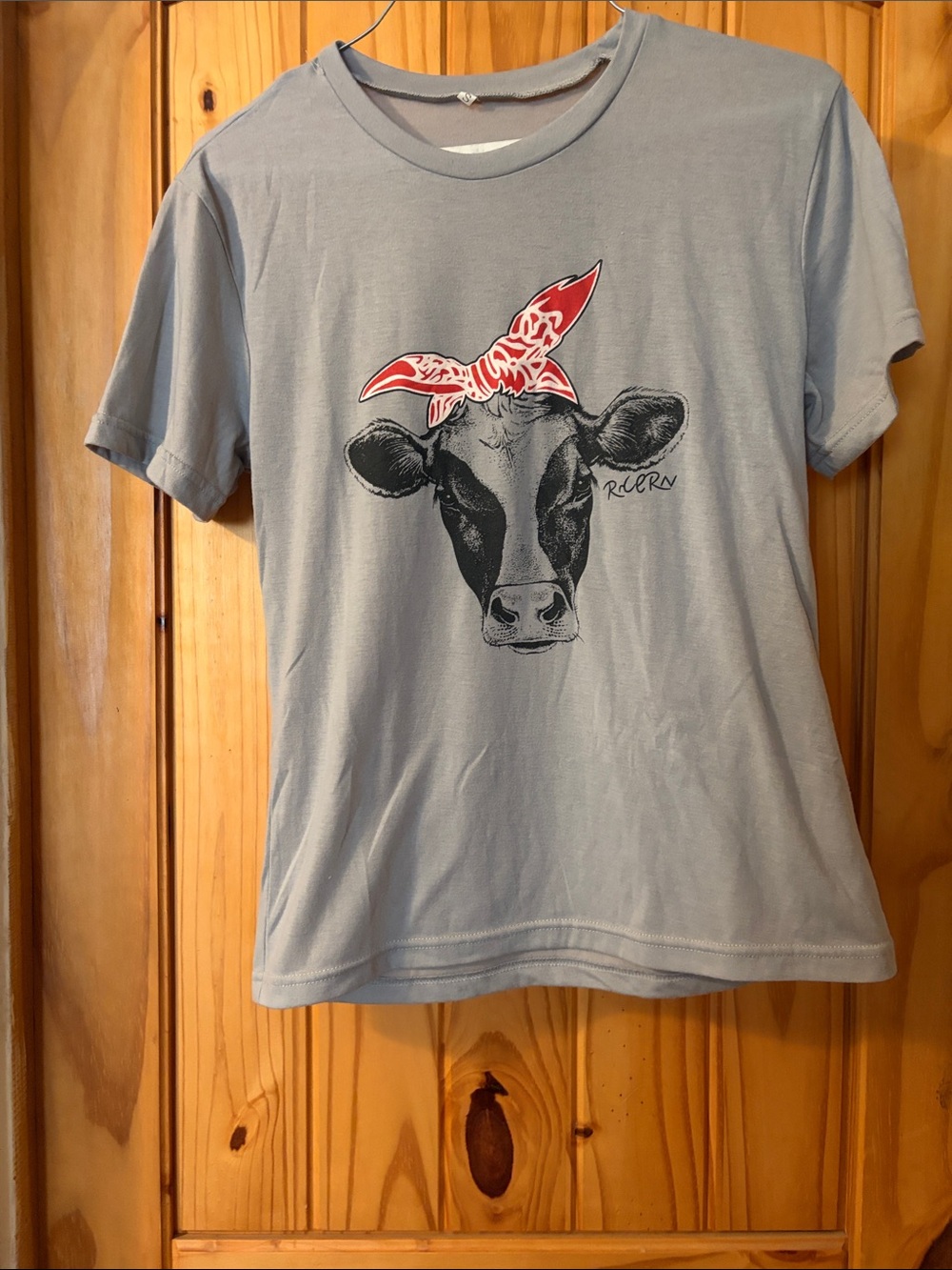 Gray Cow Graphic Tee with Red Bandana